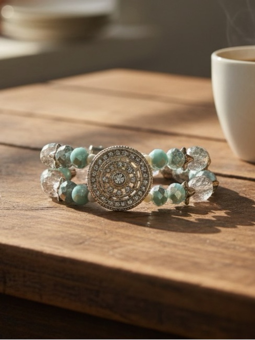 Aqua Crystal Double Strand Stretch Bracelet Rhinestone Statement Jewelry - Picture 3 of 4